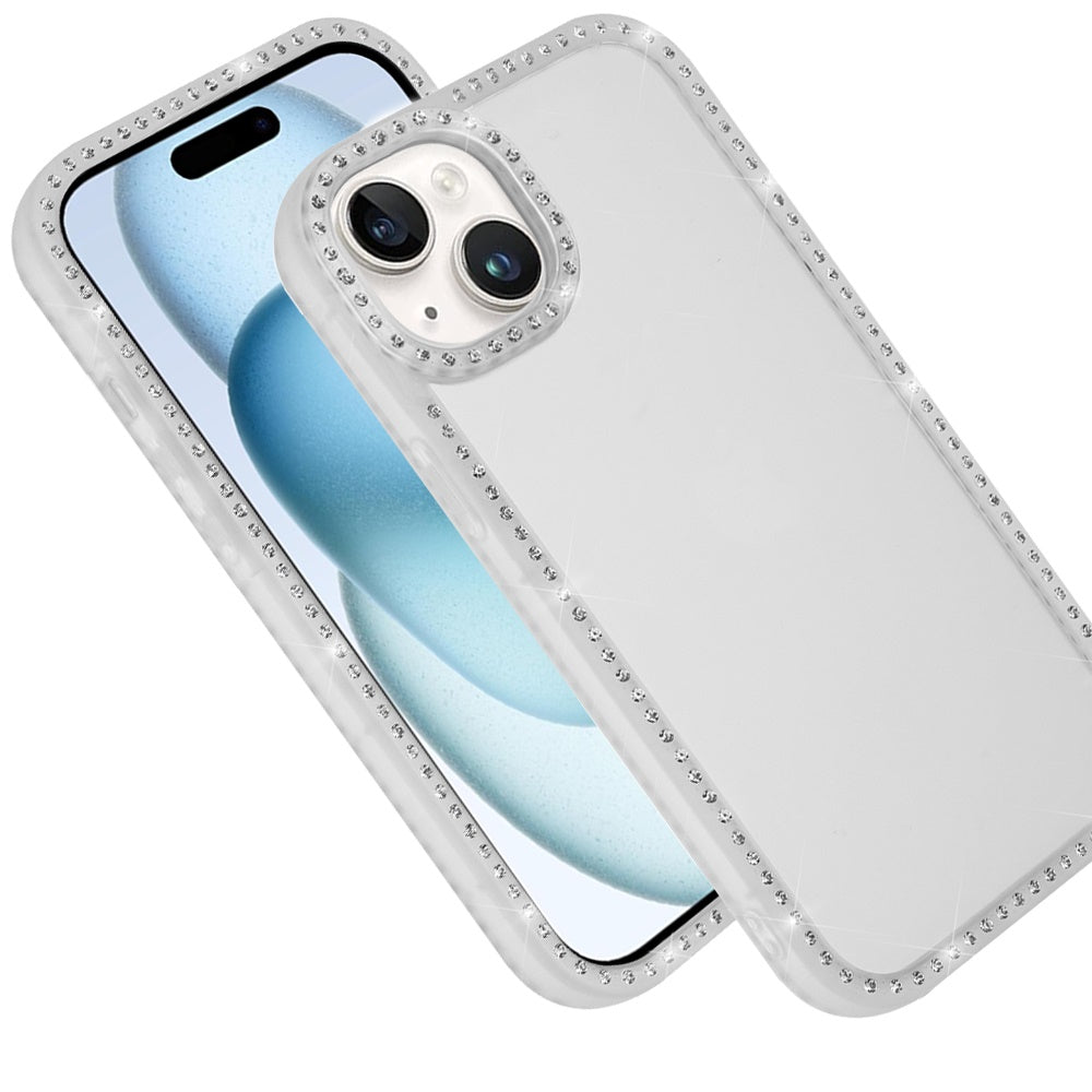 For Apple iPhone 15 Diamond Full Rhinestone Clear Hybrid Protective, Sparkly Bling Transparent Shockproof Bumper All Around Case Cover