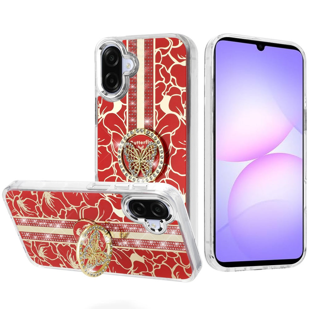 For Samsung Galaxy A07 Diamonds 3D Butterfly Floral Design Bling Sparkly Glitter Hybrid Metal Fashion with Ring Stand Case Cover