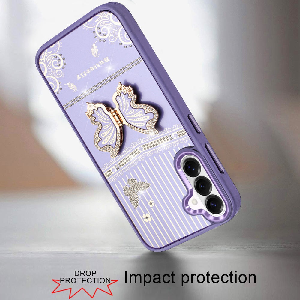 For Apple iPhone 17E /16E Glitter 3D Butterfly Design Bling Metallic Edge Hybrid Stand Drop Protection TPU Shockproof Case Cover Dark Purple