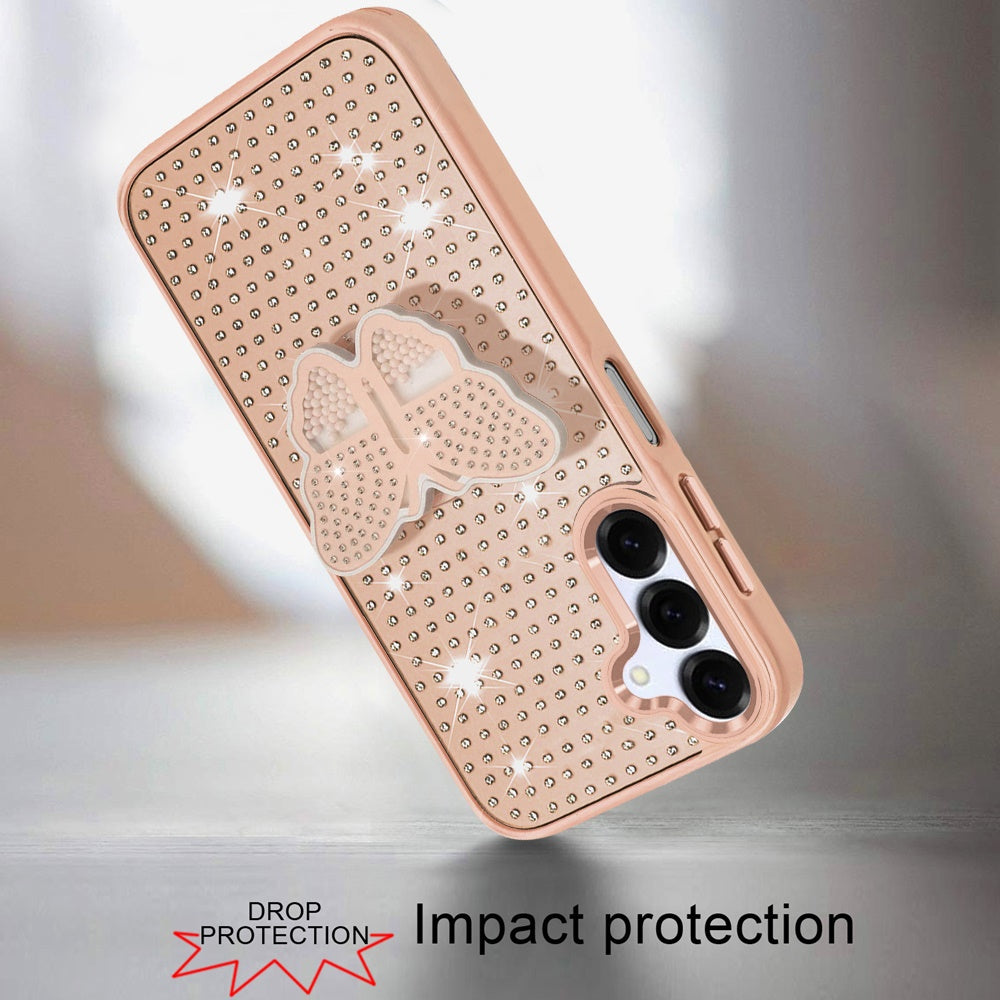 For Samsung Galaxy A16 5G Butterfly Moveable Grip 3D Pop Stand Full Diamond Bling Sparkling TPU Fashion Hybrid Case Cover