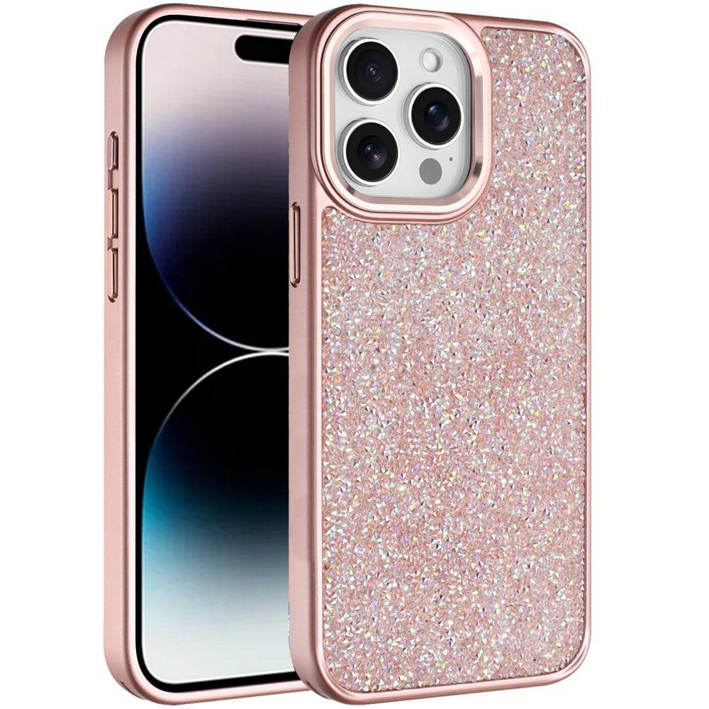 For iPhone 14 Pro Max (6.7") Crystal Sparkle Diamond Glass Full Mini Glitter Bling Frame TPU Hybrid Protective Case Cover