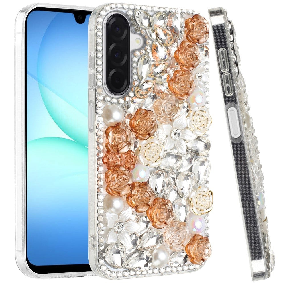 For Samsung Galaxy A17 5G Fashion Rose Flower Floral Bling Crystal 3D Full Diamonds Pearl Sparkle Rhinestone Glitter Hybrid Case Cover