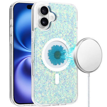 For iPhone 16 (6.1") MagSafe Compatible Glitter Flower Epoxy Hybrid Slim TPU Case, Magnetic Circle Design, Sparkly Bling Protective Case Cover Silver