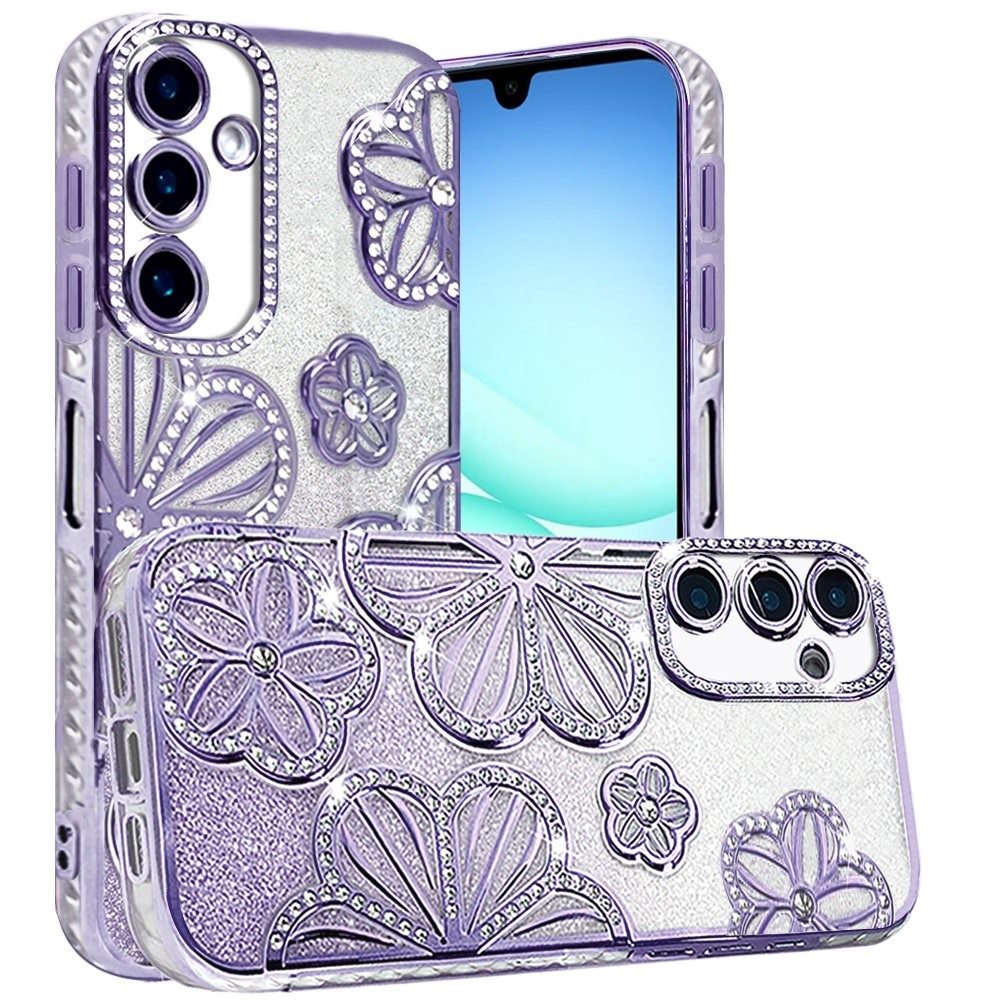 For Samsung Galaxy A17 5G Luxury Flower Design Sparkle Glitter Diamond Rhinestone Shimmer Bling Plating Thick TPU Hard PC Case Cover