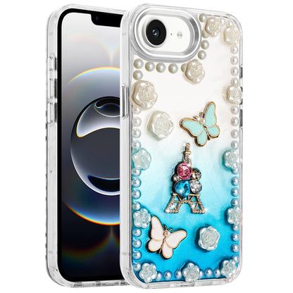 For Apple iPhone 17E /16E Bling Fashion Design with 3D Pearls Epoxy Glitter Ornaments Chrome Edge Hard Slim PC Case Cover