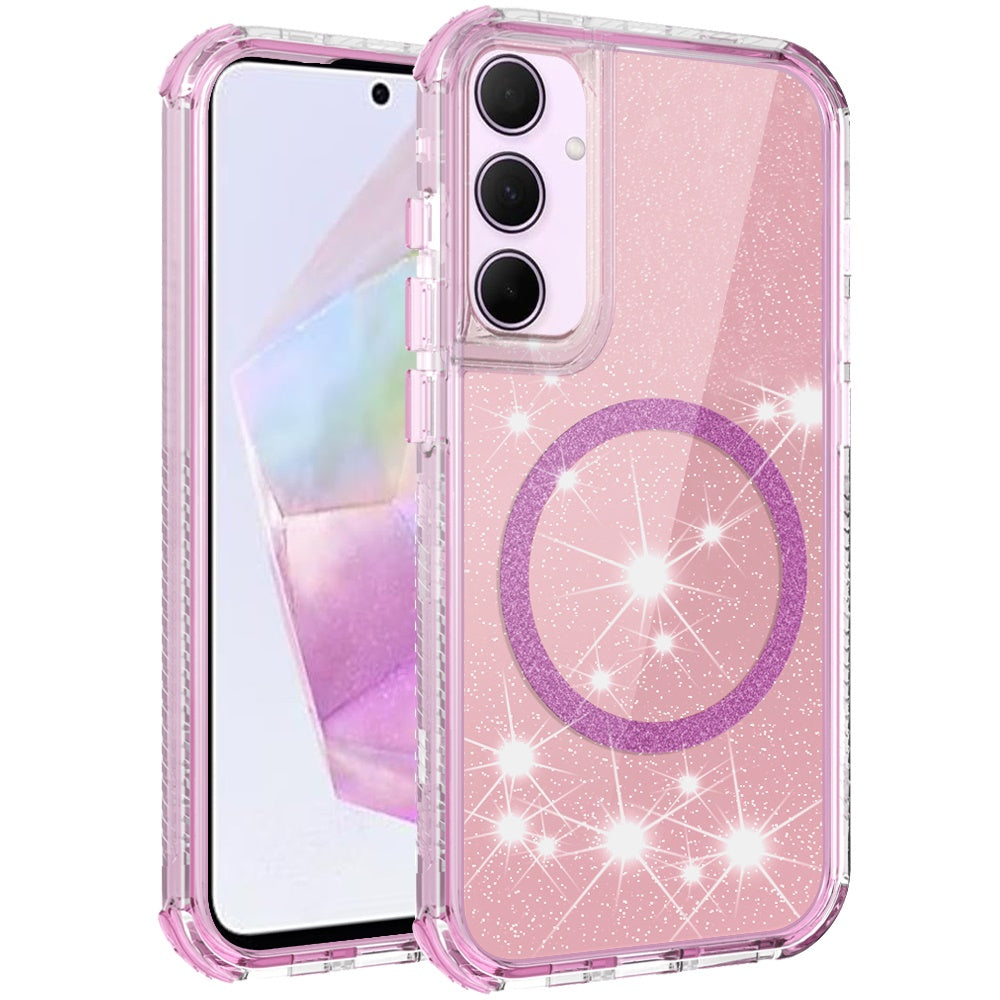 For Samsung Galaxy A36 Magnetic Circle Compatible with Magsafe, Bling Glitter Sparkle 3-in-1 Hybrid Shockproof TPU Bumper Case Cover