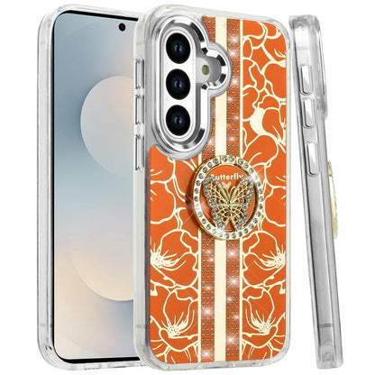 For Samsung Galaxy S26 Diamonds 3D Butterfly Floral Design Bling Sparkly Glitter Hybrid Metal Fashion with Ring Stand Case Cover