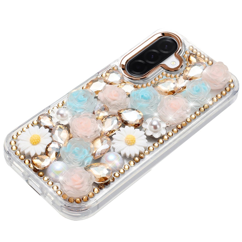 For Samsung Galaxy A16 5G Fashion Daisy Floral Series, Full 3D Bling Crystal Diamonds Sparkling Rhinestone Glitter Hybrid Design Case Cover Gold