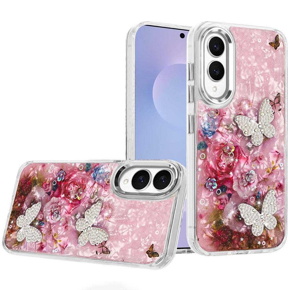 For Samsung Galaxy S25 EDGE Epoxy Glitter Flowers Bling 3D Butterfly Fashion TPU Hybrid with Shockproof Protection Case Cover