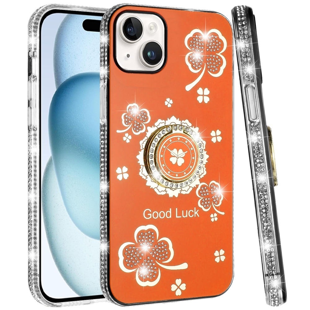 For iPhone 15 Plus (6.7") Diamonds Bling All Around Edges Sparkly Glitter Hybrid with Ring Stand Holder Fashion Good Luck Case Cover Cosmic Orange