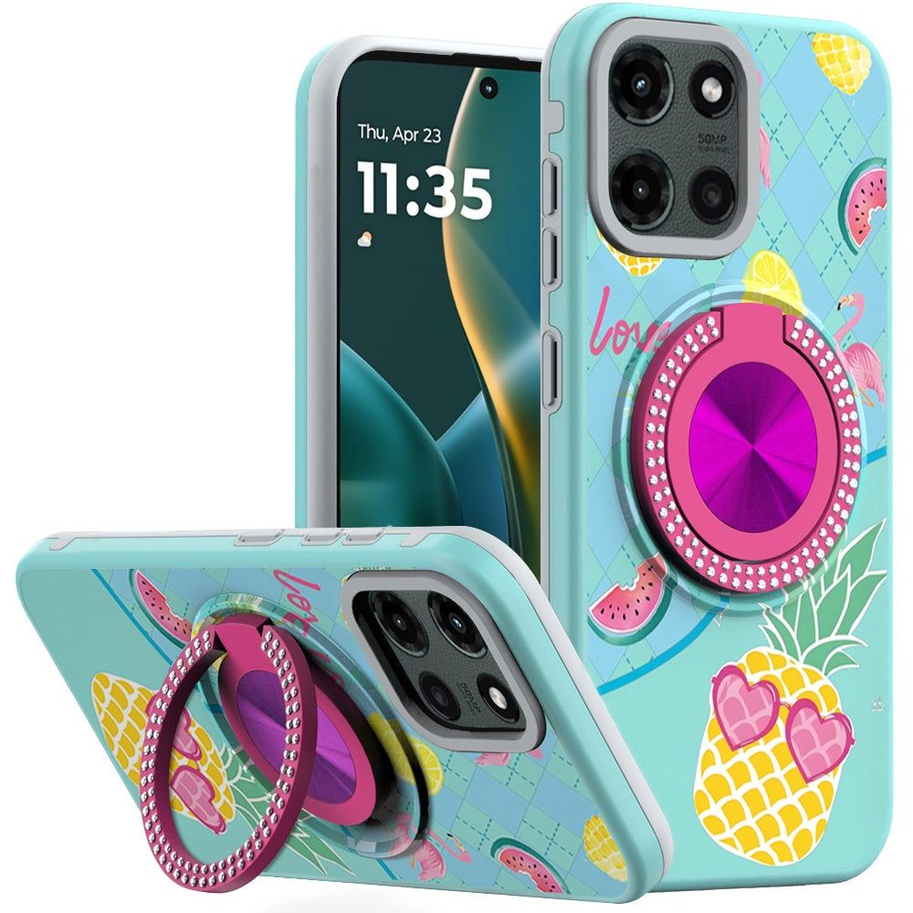 For Samsung Galaxy A16 Pattern Design Hybrid with Invisible Ring Stand & Magnetic Back, Shockproof Protective Grip Case Cover Pineapple Love Vibe