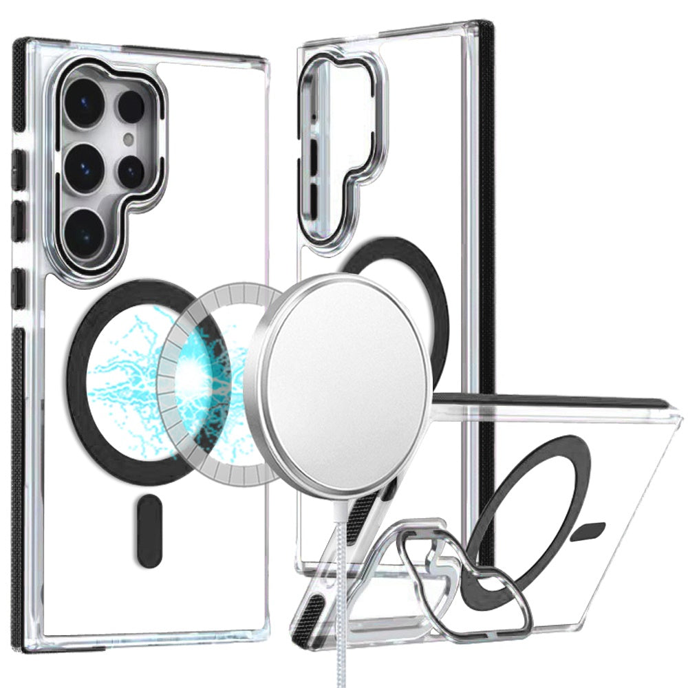 For Samsung Galaxy S25 Ultra Hybrid Clear Back Case with Invisible Camera Bracket Stand, MagSafe Magnetic Circle, Shockproof Color Frame Case Cover