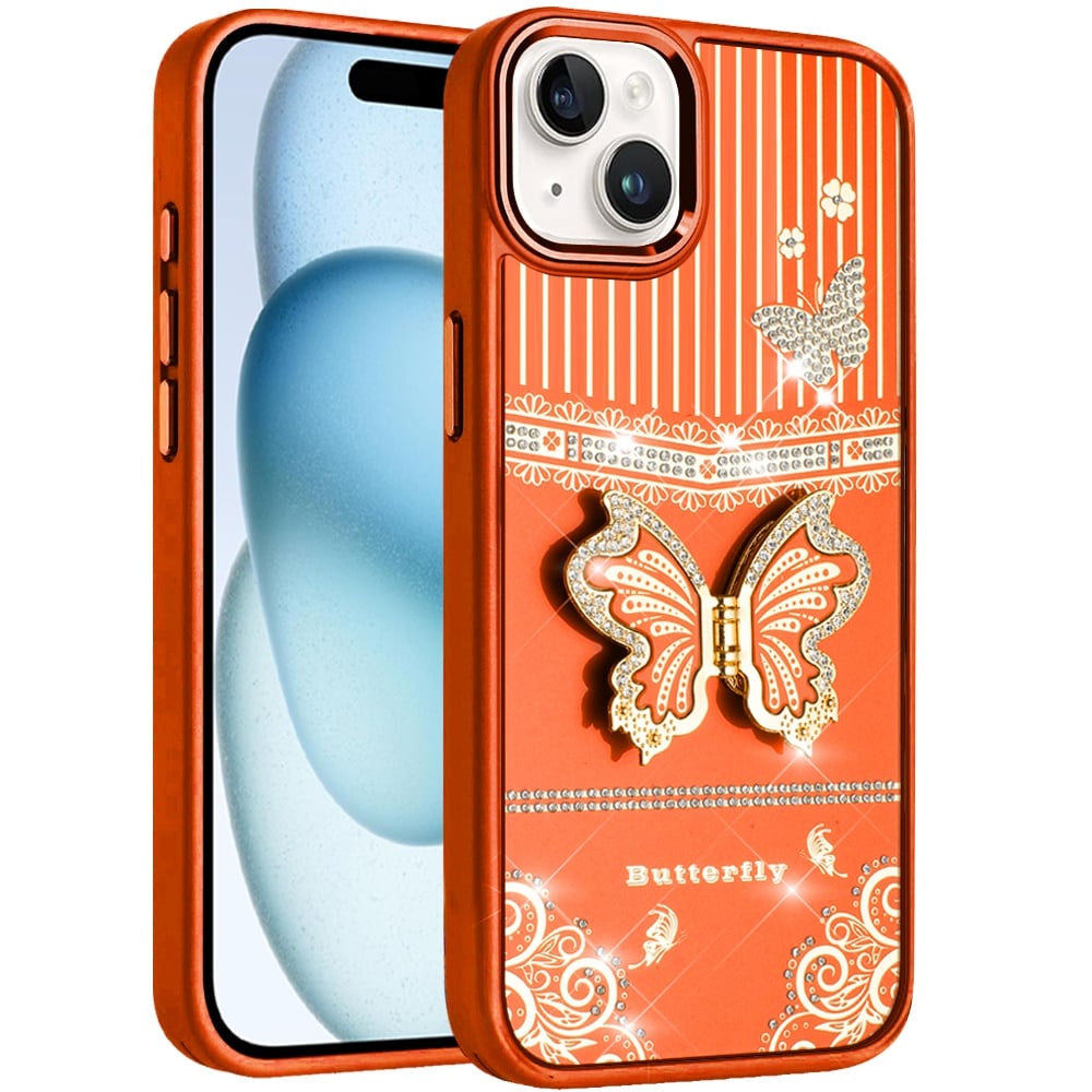 For iPhone 15 Plus (6.7") Glitter 3D Butterfly Design Bling Metallic Edge Hybrid Stand Drop Protection TPU Shockproof Case Cover Cosmic Orange