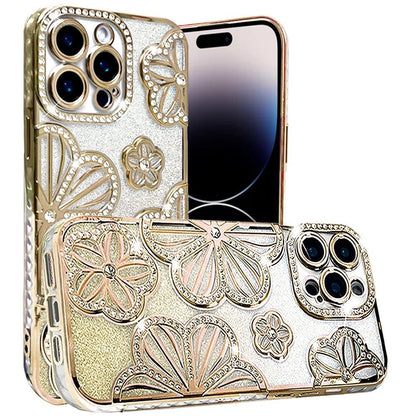 For Apple iPhone 13 Pro Max Luxury Floral Design Sparkle Glitter Diamond Crystal Rhinestone Shimmer Bling Plating Thick TPU Hard PC Case Cover