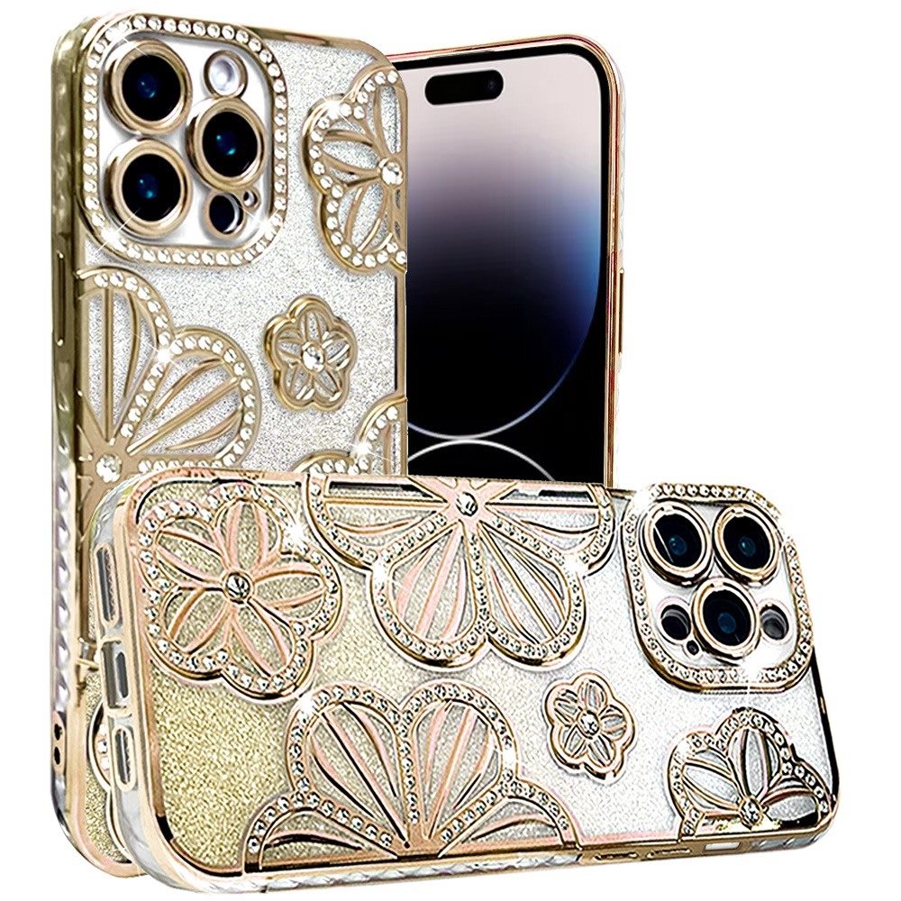 For Apple iPhone 14 / iPhone 13 (6.1") Luxury Floral Design Sparkle Glitter Diamond Crystal Rhinestone Shimmer Bling Plating Thick TPU Hard PC Case Cover