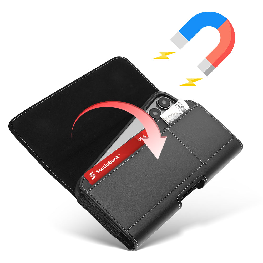 For Apple iPhone 16 Pro (6.3") Universal Horizontal CellPhone Case Smooth Leather Pouch Flap Holster Carrying Case with Dual Card Slots & Belt Clip Loop Cover [Black]