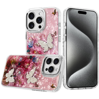 For Apple iPhone 17E /16E Epoxy Glitter Flowers Bling 3D Butterfly Fashion TPU Hybrid with Shockproof Protection Case Cover Pink