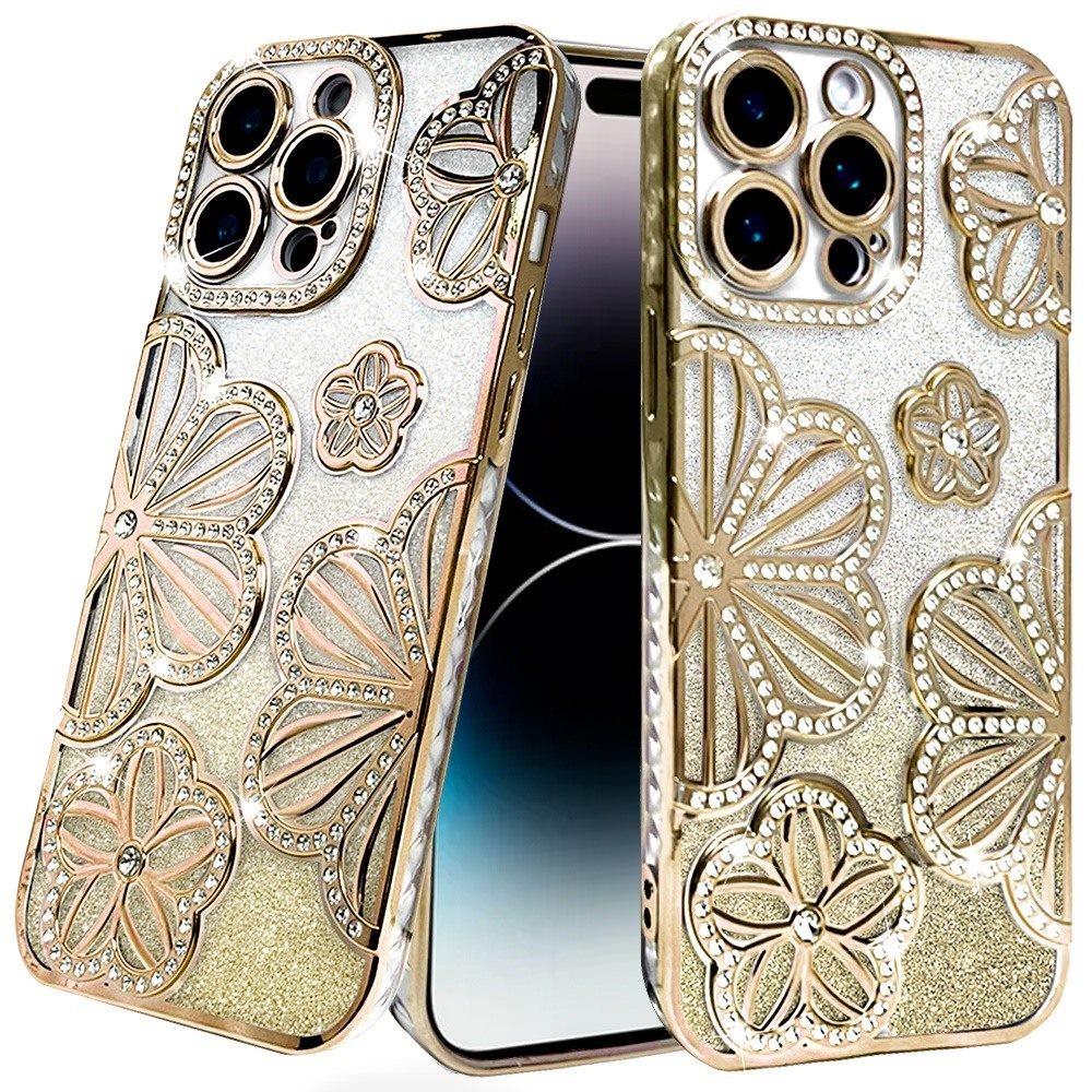 For Apple iPhone 13 Pro Max Luxury Floral Design Sparkle Glitter Diamond Crystal Rhinestone Shimmer Bling Plating Thick TPU Hard PC Case Cover