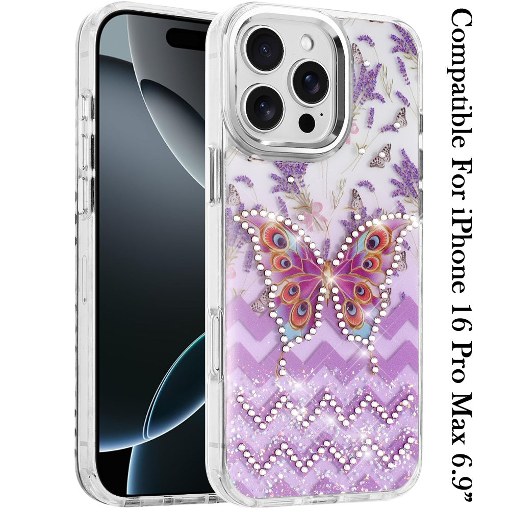 For iPhone 16 Pro Max (6.9") Butterfly Resin Epoxy Diamond Design Metal Edged Hybrid Shockproof Heavy Duty Drop Protection Protector