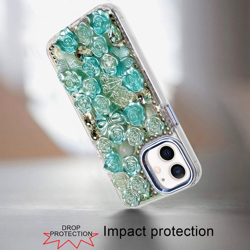 For iPhone 12 / iPhone 12 Pro (6.1") Muti-Color Floral Fashion Bling Crystal 3D Full Diamonds Stones Sparkle Rhinestone Glitter Hybrid Case Cover Green