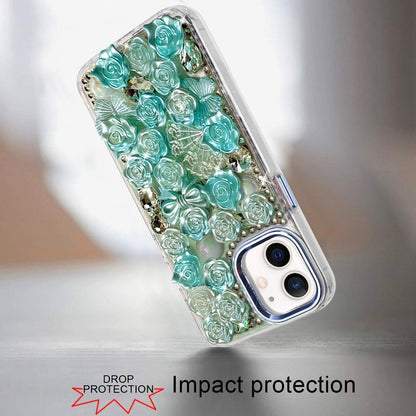 For iPhone 12 / iPhone 12 Pro (6.1") Muti-Color Floral Fashion Bling Crystal 3D Full Diamonds Stones Sparkle Rhinestone Glitter Hybrid Case Cover Green