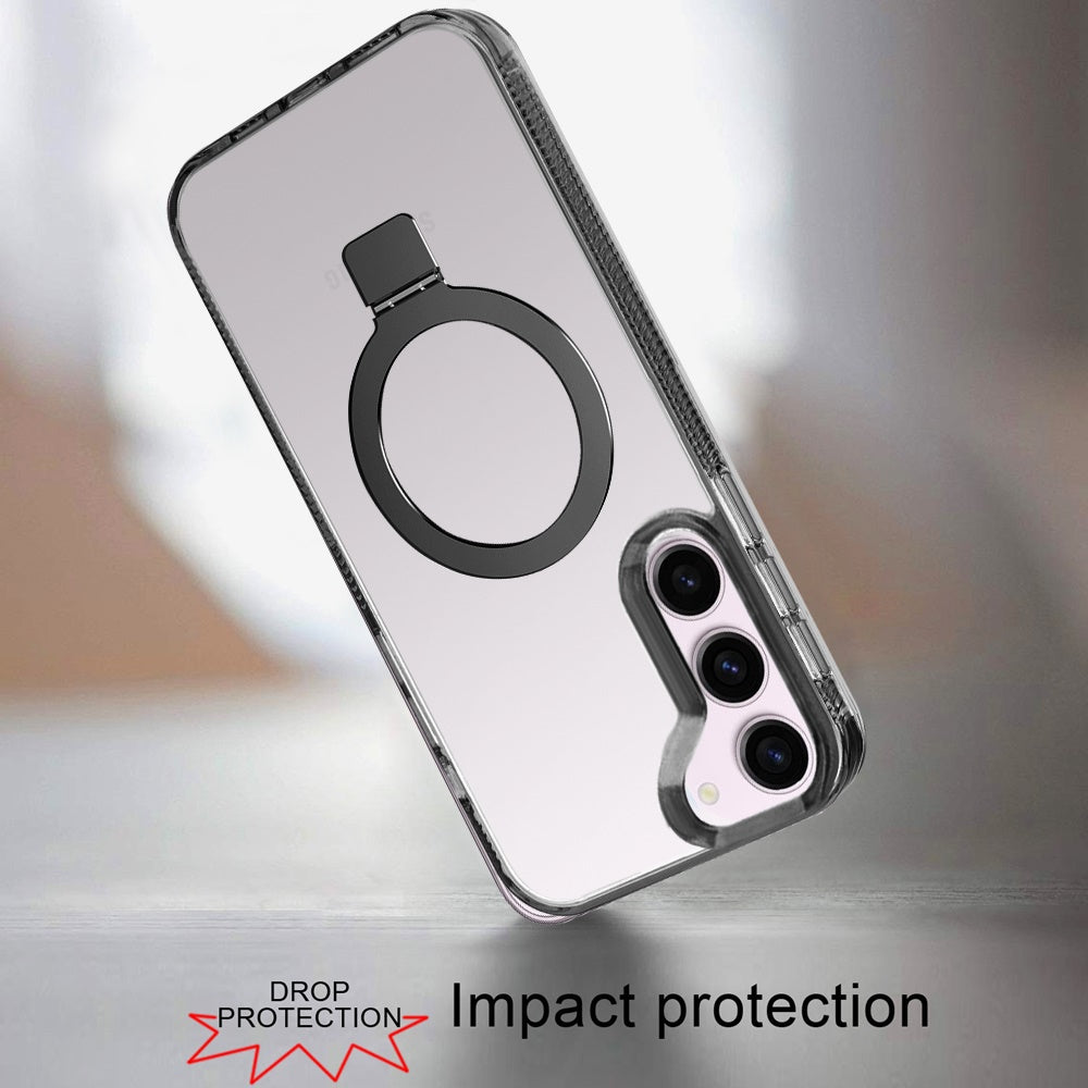 For Apple iPhone 17E /16E Transparent Magnetic Ring Circle Stand with MagSafe Compatible Hybrid Dotted Edged Hard PC Shockproof Case Cover Black