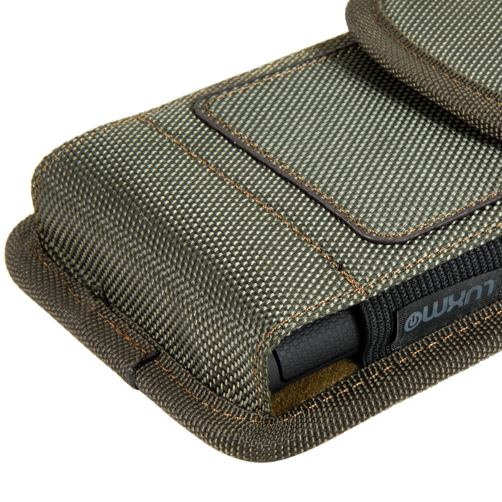 For Apple iPhone 16 Pro (6.3") Universal Nylon Pouch Case Vertical Phone Holster with Dual Card Slots, Pen Holder, Belt Clip Loop & Hook Cover [Green]