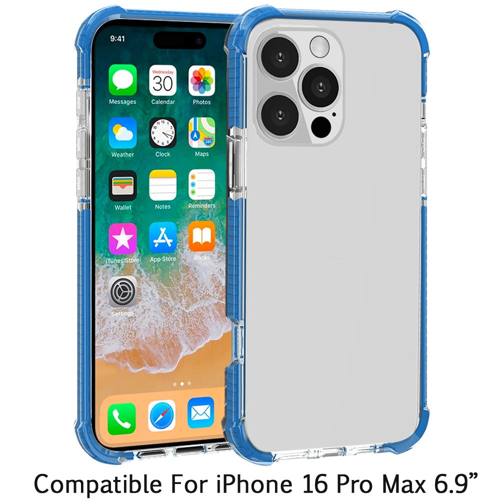 Apple iPhone 16 Pro Max (6.9") Hybrid Transparent Acrylic Rubber Gummy Gel Hard PC Silicone TPU Color Bumper Frame