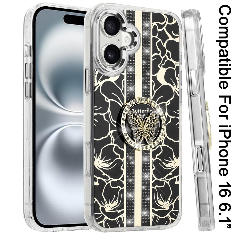 For iPhone 16 (6.1") Diamonds 3D Butterfly Floral Design Bling Sparkly Glitter Hybrid Metal Fashion with Ring Stand Case Cover