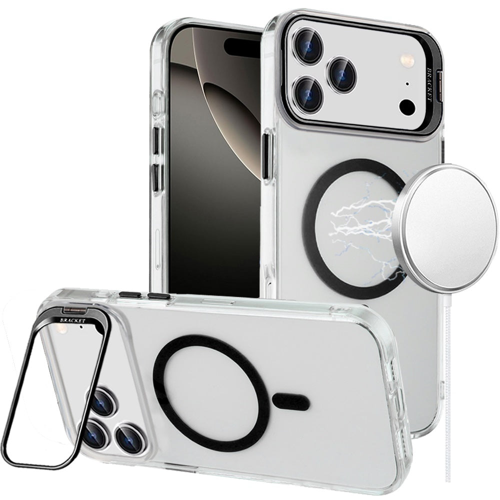 For Apple iPhone 17 Pro (6.3") Magnetic Back MagSafe Compatible Transparent Hybrid Drop Protection with Metallic Camera Stand Case Cover