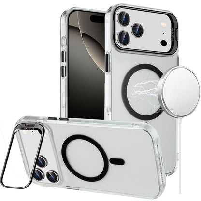 For Apple iPhone 17 Pro (6.3") Magnetic Back MagSafe Compatible Transparent Hybrid Drop Protection with Metallic Camera Stand Case Cover