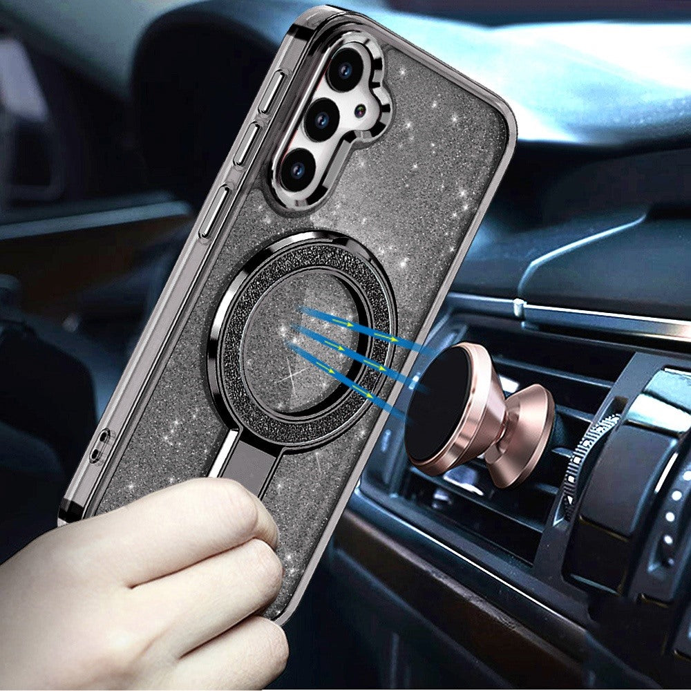 For Samsung Galaxy S26+ / S26 Plus Transparent Glitter Bling Case with Rotating Magnetic Ring Stand, Shockproof Hybrid Case Cover