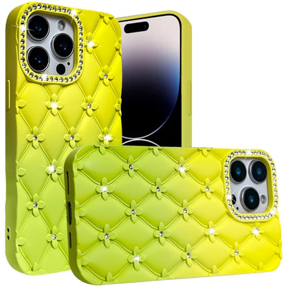 For iPhone 14 Pro Max (6.7") Fashion Flower Design Sparkle Glitter Shimmer Rhinestone Bling Floral Accents, Leather Texture TPU Case Cover