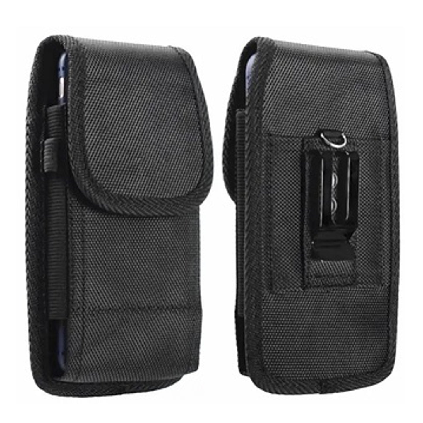 For Apple iPhone 16 Pro (6.3") Nylon Canvas Fabric Waist Belt Holster Vertical Pouch Holds Large Phone Works with Thick Cases Universal Cover [Black]