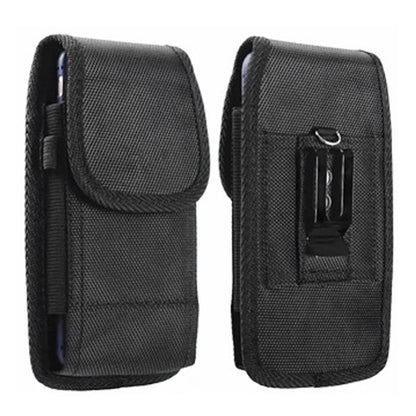 For Apple iPhone 16 Pro (6.3") Nylon Canvas Fabric Waist Belt Holster Vertical Pouch Holds Large Phone Works with Thick Cases Universal Cover [Black]