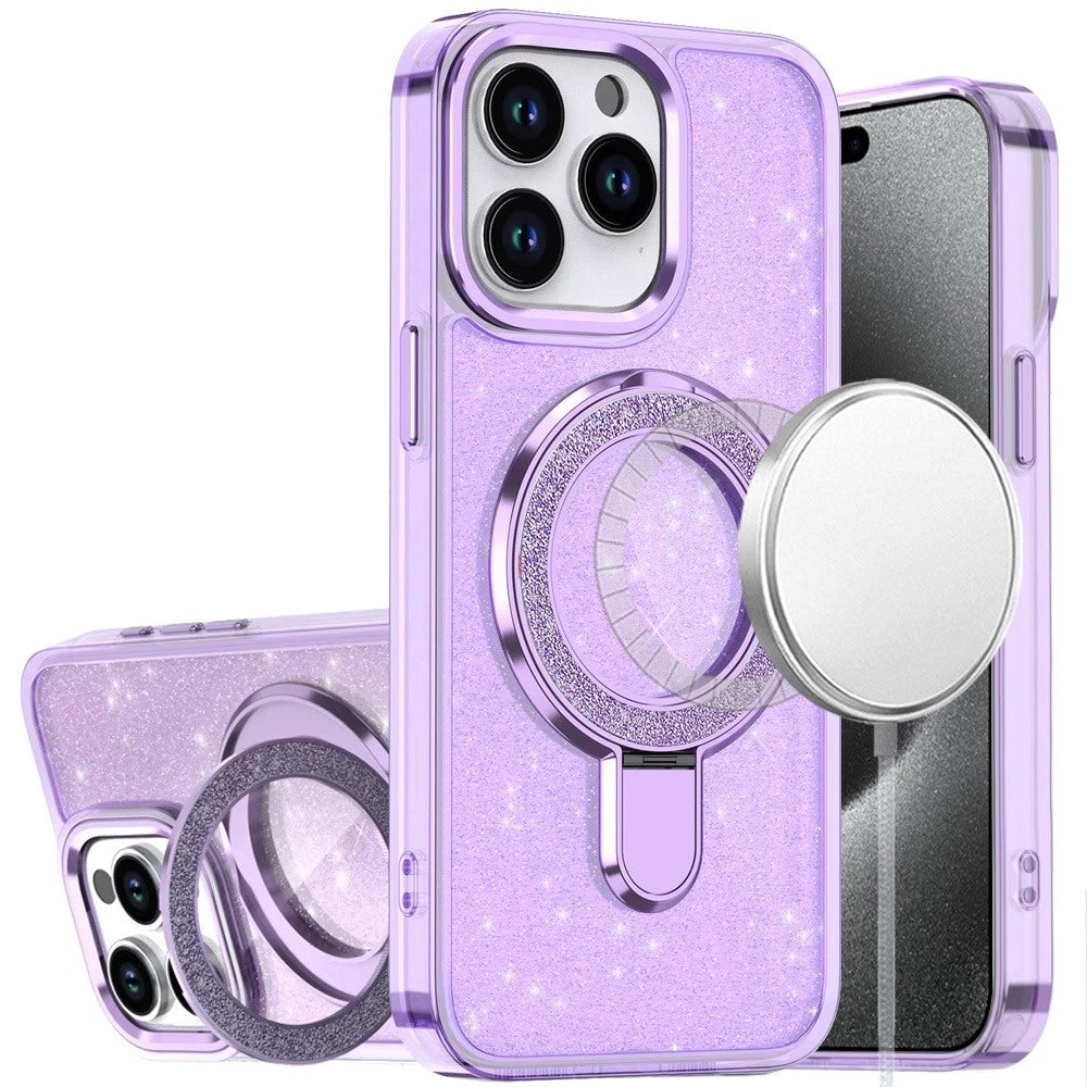 For Apple iPhone 13 Pro Max Transparent Glitter Bling Case with Rotating Magnetic Ring Stand, Shockproof Hybrid Case Cover