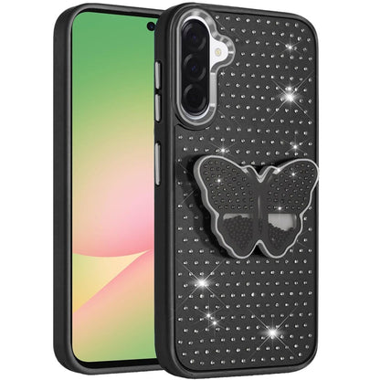 For Samsung Galaxy A37 Butterfly Moveable Grip 3D Pop Stand Full Diamond Bling Sparkling TPU Fashion Hybrid Case Cover