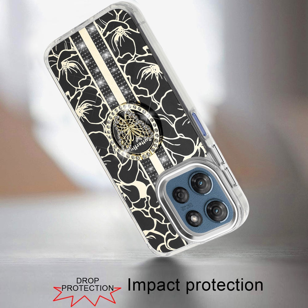 For Motorola Moto G 5G 2026/2025 Diamonds 3D Butterfly Floral Design Bling Sparkly Glitter Hybrid Metal Fashion with Ring Stand Case Cover