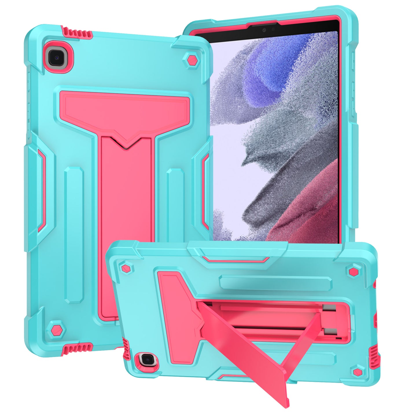 For Tough Hybrid with Vertical 3-in-1 Design, Built-in Kickstand, Shockproof Rugged Full Body with Grip Protection Teal Pink Tablet Case Cover