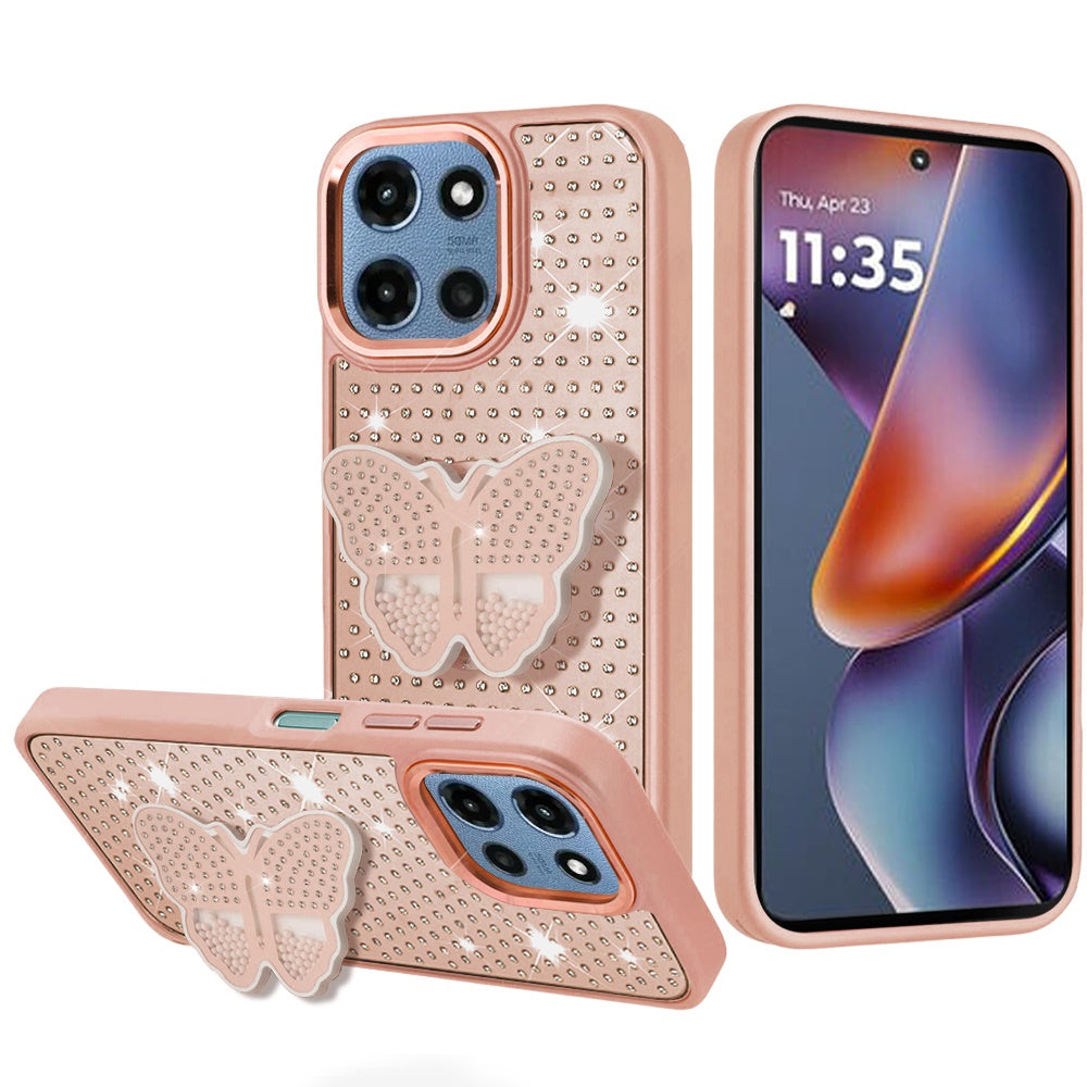 Phone Case for Motorola Moto G Play 5G 2026 Butterfly Grip Pop Stand Diamond Sparkle Hybrid Shockproof Metal Button Slim Protective Grip Decorative Design Cover Rose Gold
