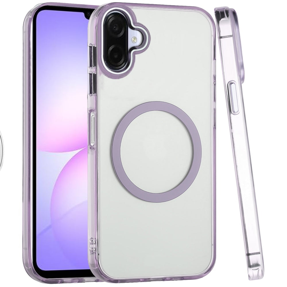 For Samsung Galaxy A07 Transparent Back Hybrid Case - Magnetic Circle, Color Frame, Metal Buttons, MagSafe Compatible Case Cover