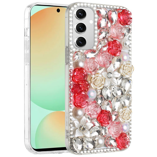 For Samsung Galaxy S24 Fan Edition /Galaxy S24 FE Fashion Rose Flower Floral Bling Crystal 3D Full Diamonds Pearl Sparkle Rhinestone Glitter Hybrid Case Cover Red