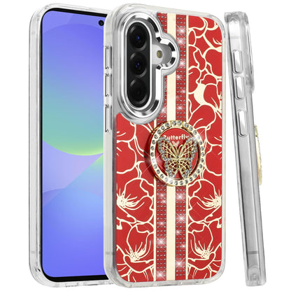 For Samsung Galaxy A37 Diamonds 3D Butterfly Floral Design Bling Sparkly Glitter Hybrid Metal Fashion with Ring Stand Case Cover