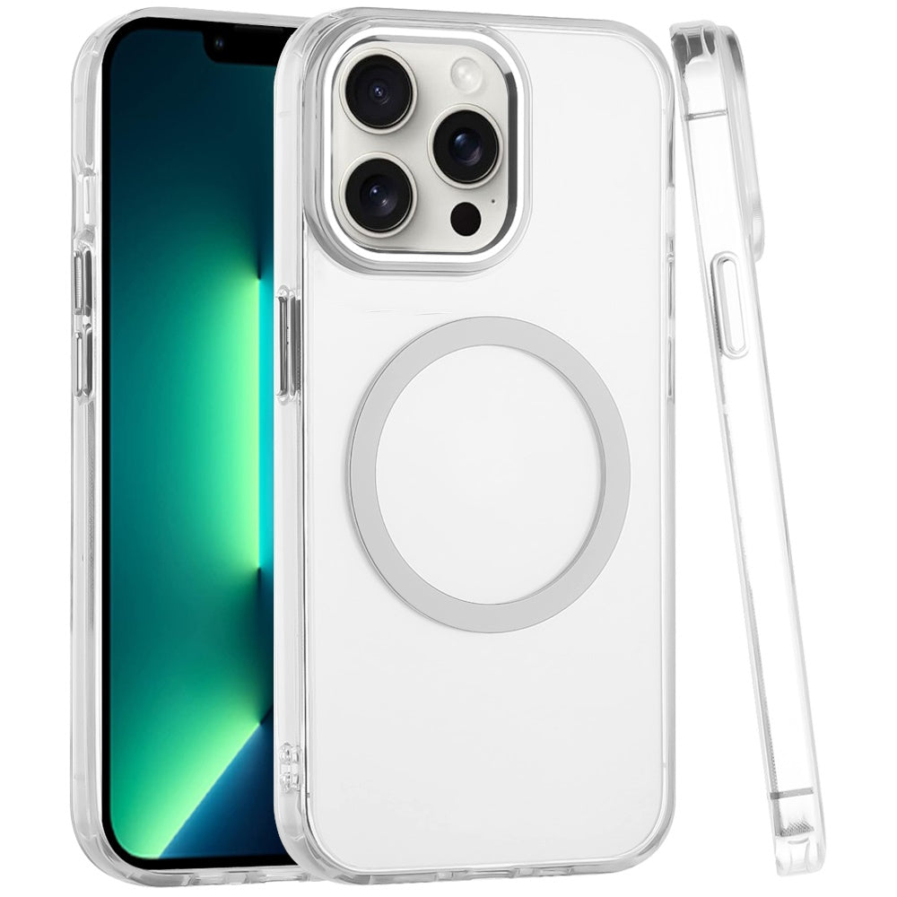 For Apple iPhone 13 Pro Max Transparent Back Hybrid Case - Magnetic Circle, Color Frame, Metal Buttons, MagSafe Compatible Case Cover