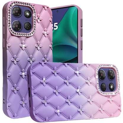 For Motorola Moto G Stylus 5G 2025 Fashion Flower Design Sparkle Glitter Shimmer Rhinestone Bling Floral Accents, Leather Texture TPU Case Cover