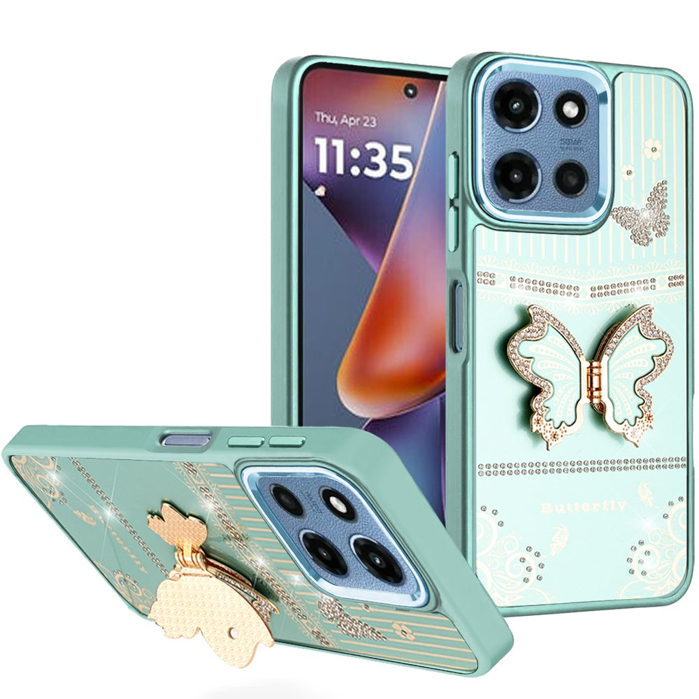 Phone Case for Motorola Moto G Play 5G 2026 Glitter Bling Butterfly Stand Metallic Edge Hybrid Shockproof Grip Durable Camera Protection Stylish Design Cover Teal