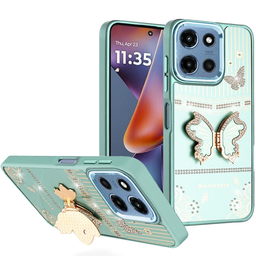 Phone Case for Motorola Moto G 5G 2026 / 2025 Glitter Bling Butterfly Stand Metallic Edge Hybrid Shockproof Grip Durable Camera Protection Stylish Design Cover Teal