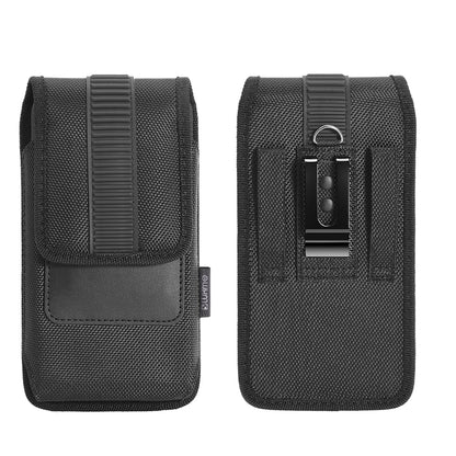 For Apple iPhone 16 Pro (6.3") Universal Vertical Nylon Phone Case Carrying Pouch Cover with Card Storage Pocket & Belt Clip Loop Holster Front Grip [Black]