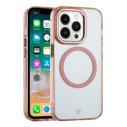 For Apple iPhone 13 Pro Transparent Back Hybrid Case - Magnetic Circle, Color Frame, Metal Buttons, MagSafe Compatible Case Cover Rose Gold