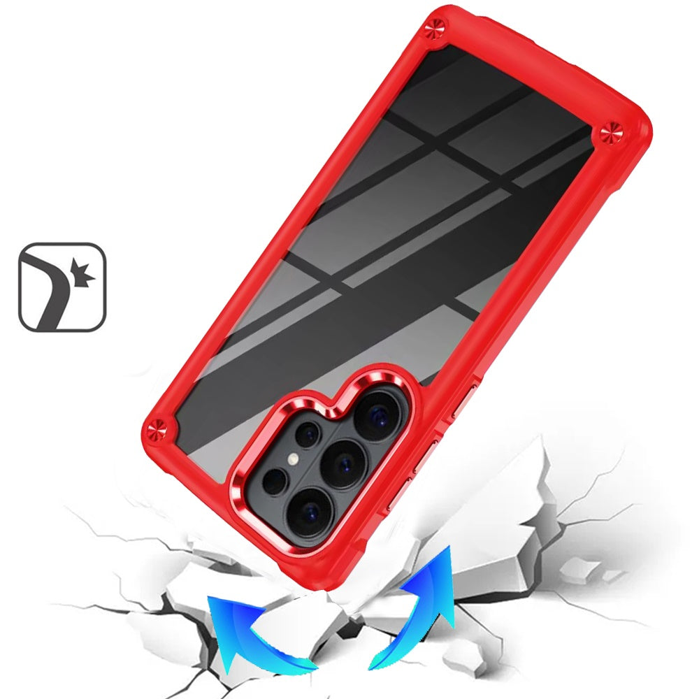 For Samsung Galaxy S21 Ultra Hybrid Transparent Rubber with Metal Buttons & Camera Edges Hard TPU Corner Frame Bumper Case Cover Red